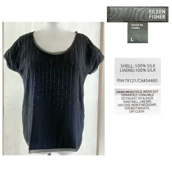 EILEEN FISHER Silk Lined Beaded Black Silk Top - Picture 1 of 6